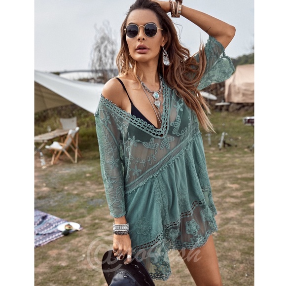 Dusty Green Lace Coverup Dress Tunic Bohemian Short - Picture 5 of 10